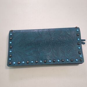 Anna Sui x INC Embossed Turquoise Studded Clutch - Colorful Lined Interior